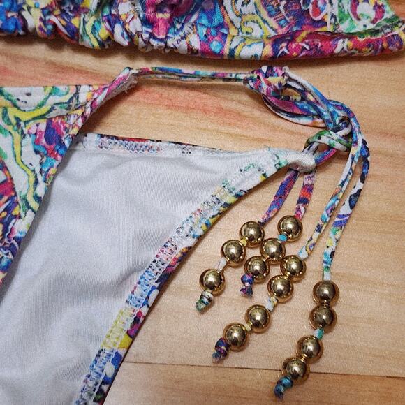 Victorias Secret Swimsuit Bikini Set Paisley Beaded Strappy Back Top L Bottom-S - Picture 14 of 16